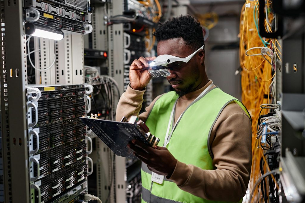 Technician repairing enterprise servers in a data center