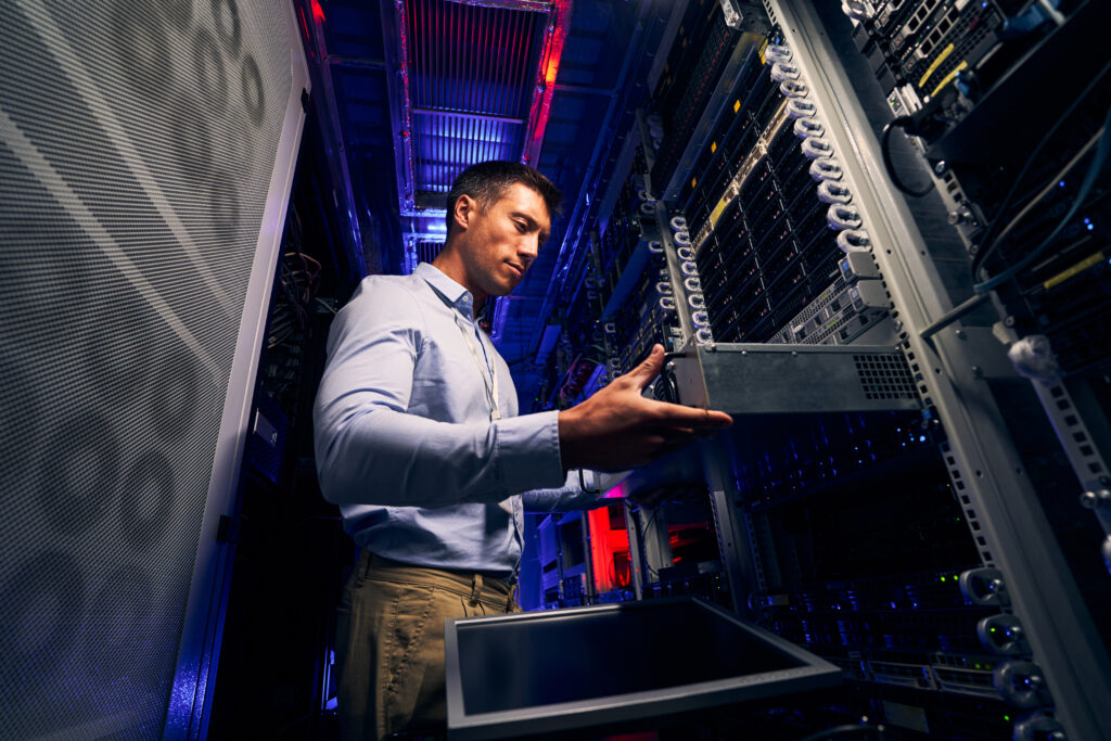 Data-center technician validating storage hardware