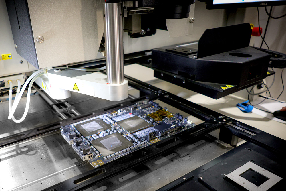 Multi-GPU AI accelerator board under automated rework and inspection equipment